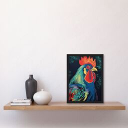 "Artery8 Wall Art Print Rooster Hen Cock Chicken Artwork In Blue Red Vibrant Bold Bright Colourful Painting Art Framed - Size: W12"" x H16""" - thumbnail 4