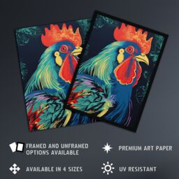 "Artery8 Wall Art Print Rooster Hen Cock Chicken Artwork In Blue Red Vibrant Bold Bright Colourful Painting Art Framed - Size: W12"" x H16""" - thumbnail 2