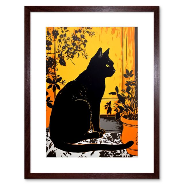 "Artery8 Wall Art Print Black Cat by Potted Plants Oil Painting Mediterranean Yard Tiles Yellow Door Artwork Framed 9X7 Inch in Brown - Size: W7"" x H9""" - image 1