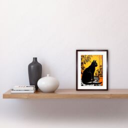 "Artery8 Wall Art Print Black Cat by Potted Plants Oil Painting Mediterranean Yard Tiles Yellow Door Artwork Framed 9X7 Inch in Brown - Size: W7"" x H9""" - thumbnail 2