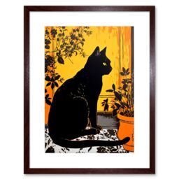 "Artery8 Wall Art Print Black Cat by Potted Plants Oil Painting Mediterranean Yard Tiles Yellow Door Artwork Framed 9X7 Inch in Brown - Size: W7"" x H9""" - thumbnail 1