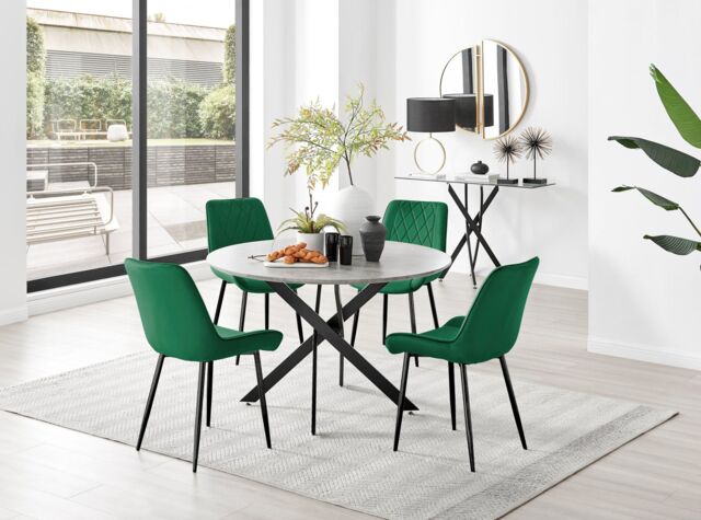 FurnitureboxUK Novara Grey Concrete Effect Black Leg 120cm Round Dining Table & 4 Pesaro Black Leg Chairs in Green - image 1