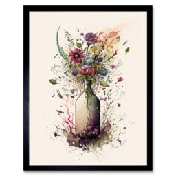 "Artery8 Wall Art Print Spring Wildflower Floral Bouquet in a Wine Bottle Art Framed in Black - Size: W12"" x H16""" - thumbnail 1