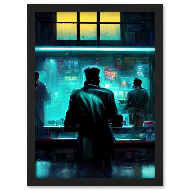 Artery8 Nighthawks Style Futuristic Cyber Noir Bar Artwork Framed Wall Art Print A4 in Black - image 1