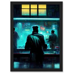Artery8 Nighthawks Style Futuristic Cyber Noir Bar Artwork Framed Wall Art Print A4 in Black - thumbnail 1