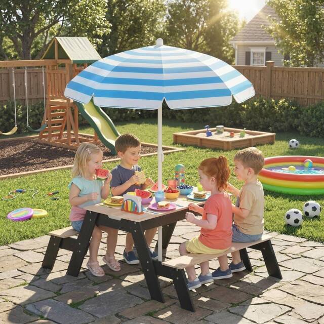 AIYAPLAY 3 in 1 Wooden Kids Picnic Table & Bench Set with Parasol, Natural - image 1