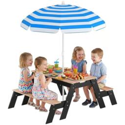 AIYAPLAY 3 in 1 Wooden Kids Picnic Table & Bench Set with Parasol, Natural - thumbnail 2