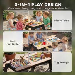 AIYAPLAY 3 in 1 Wooden Kids Picnic Table & Bench Set with Parasol, Natural - thumbnail 4
