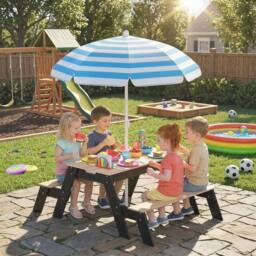 AIYAPLAY 3 in 1 Wooden Kids Picnic Table & Bench Set with Parasol, Natural - thumbnail 1