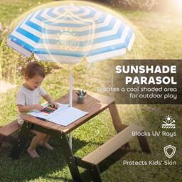 AIYAPLAY 3 in 1 Wooden Kids Picnic Table & Bench Set with Parasol, Natural - thumbnail 6