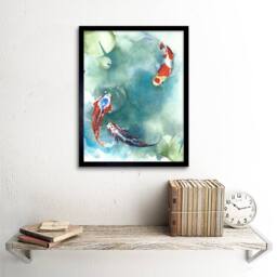 "Wee Blue Coo Japanese Koi Carp Fish Lilies Goldfish 12x16"" Framed Wall Art Print in Blue - Size: W12"" x H16""" - thumbnail 2