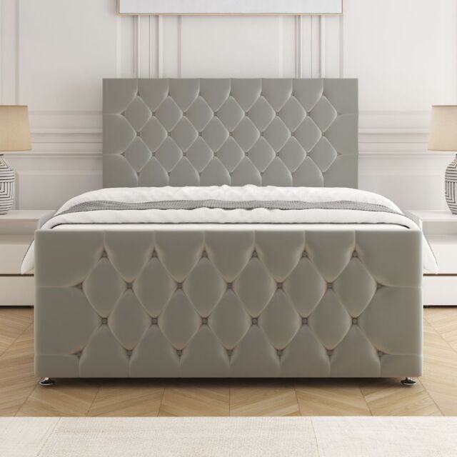 "BSSPOKE Maya Divan Bed Set Plush Velvet 24"" Headboard & Mattress No Drawers in Silver - Size: Small Double" - image 1
