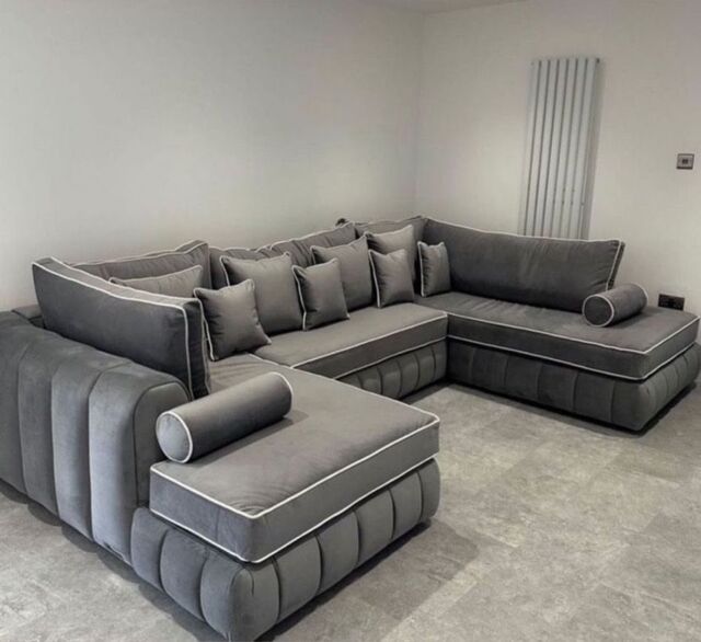 HOB Furniture Oxford Oyster U Shape Sofa With Contrast Piping - 10ftx6ftx6ft in Charcoal