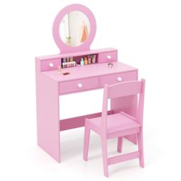 Costway Kids Vanity Set Princess Makeup Dressing Desk & Chair Set w/ Mirror in Pink
