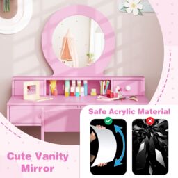 Costway Kids Vanity Set Princess Makeup Dressing Desk & Chair Set w/ Mirror in Pink - thumbnail 4