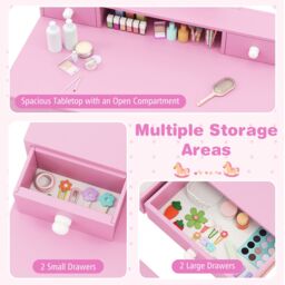 Costway Kids Vanity Set Princess Makeup Dressing Desk & Chair Set w/ Mirror in Pink - thumbnail 5
