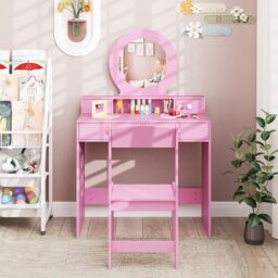 Costway Kids Vanity Set Princess Makeup Dressing Desk & Chair Set w/ Mirror in Pink - thumbnail 6