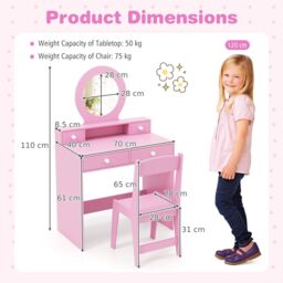 Costway Kids Vanity Set Princess Makeup Dressing Desk & Chair Set w/ Mirror in Pink - thumbnail 2