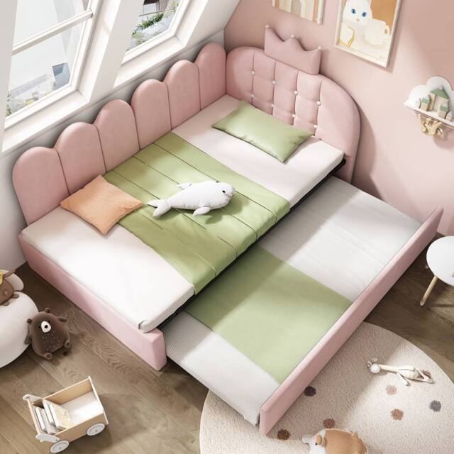 ModernLuxe Children's daybed with pull-out guest bed + L-shaped headboard in Pink - Size: Single - image 1