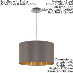 Loops Pendant Light Colour Satin Nickel Shade Cappuccino Gold Fabric Bulb E27 1x60W in Metallics - thumbnail 2