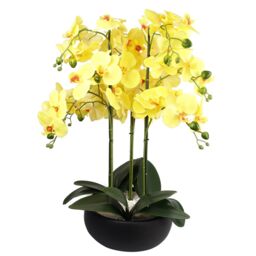 Leaf Artificial 60cm Orchid Yellow Black Ceramic Planter in Green