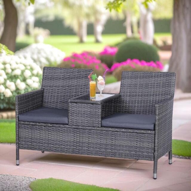 FURNOS Polyrattan 2 Seater Outdoor Bench With Padded Cushions in Black - image 1