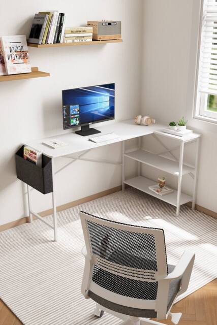 H&O Direct White L-Shaped Office Desk with Hanging Storage Bag & Shelves - image 1