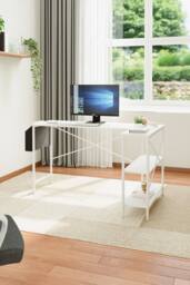 H&O Direct White L-Shaped Office Desk with Hanging Storage Bag & Shelves - thumbnail 2