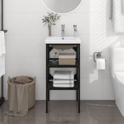 Berkfield Home Elegant Bathroom Washbasin Frame with Built-in Basin Black Iron - thumbnail 2