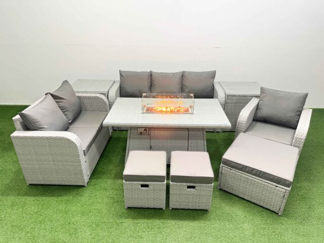 Fimous Patio PE Wicker 9 Seater Outdoor Rattan Furniture Sofa Sets w/ Firepit Dining Table Reclining Chair Loveseat Sofa 3 Seater Sofa Stool 2 Side - image 1