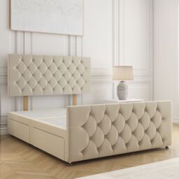 "BSSPOKE Maya Velvet Divan Bed 24""Headboard & 2Drawers Same Side No Mattress in Cream - Size: Small Double"