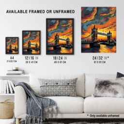 Artery8 Tower Bridge & The Thames River Storm Clouds Orange & Grey London England Unframed Wall Art Print Poster Home Decor Premium - thumbnail 3