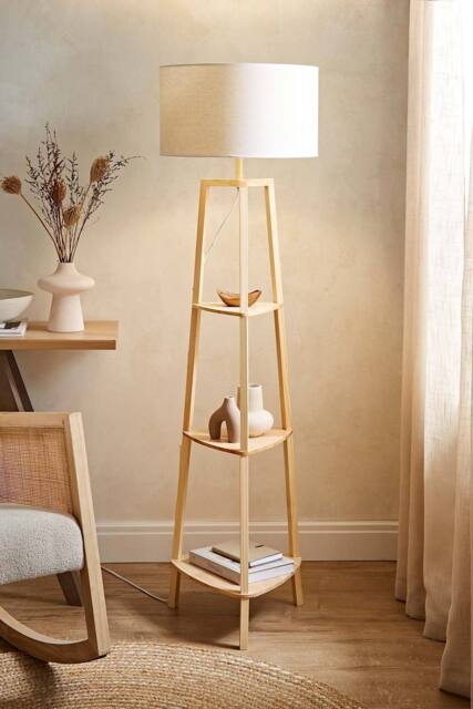 ValueLights Hiru Wooden 3 Tier Shelf Floor Lamp with Trimmed Linen Drum Shade in White - image 1