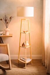 ValueLights Hiru Wooden 3 Tier Shelf Floor Lamp with Trimmed Linen Drum Shade in White - thumbnail 2