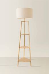 ValueLights Hiru Wooden 3 Tier Shelf Floor Lamp with Trimmed Linen Drum Shade in White - thumbnail 3