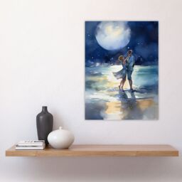 Artery8 Wall Art Print Full Moon Frolics Watercolour Beach Seascape Painting Blue Orange Couple Moonlight Dance At Coastal Landscape Bedroom Art - thumbnail 4