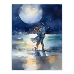 Artery8 Wall Art Print Full Moon Frolics Watercolour Beach Seascape Painting Blue Orange Couple Moonlight Dance At Coastal Landscape Bedroom Art - thumbnail 1
