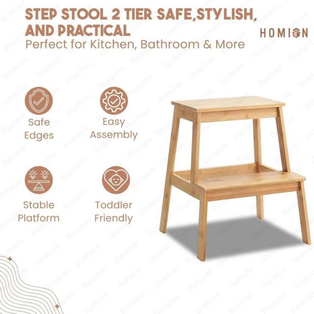 FLAVORA 2-Step Stool Bamboo Sturdy Wooden Kitchen in Brown - image 1