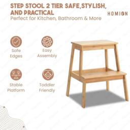 FLAVORA 2-Step Stool Bamboo Sturdy Wooden Kitchen in Brown - thumbnail 1