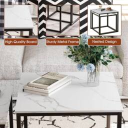 Huhote Nesting Tables 2 Set White Marble Finish Top Metal Frame End Table Side Table in Black - thumbnail 8