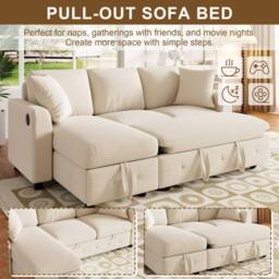 Merax Chenille L-Shaped Pull-Out Sofa Bed with Reversible Storage Chaise in Beige - thumbnail 8
