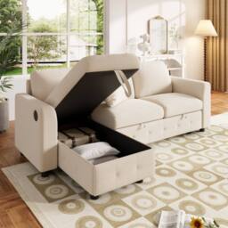 Merax Chenille L-Shaped Pull-Out Sofa Bed with Reversible Storage Chaise in Beige - thumbnail 6