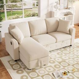 Merax Chenille L-Shaped Pull-Out Sofa Bed with Reversible Storage Chaise in Beige - thumbnail 5