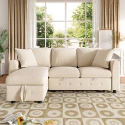 Merax Chenille L-Shaped Pull-Out Sofa Bed with Reversible Storage Chaise in Beige - thumbnail 4