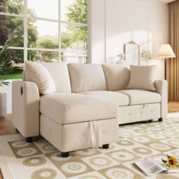 Merax Chenille L-Shaped Pull-Out Sofa Bed with Reversible Storage Chaise in Beige - thumbnail 3