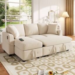 Merax Chenille L-Shaped Pull-Out Sofa Bed with Reversible Storage Chaise in Beige
