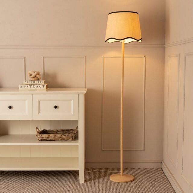 ValueLights Triston Natural Light Wood Floor Lamp with Scallop Trim Tapered Shade & LED Bulb in Black - image 1