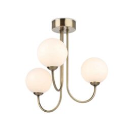 Netlighting Lyndon 3 Light Globe Flush Fitting Antique Brass with Opal White Glass in Gold