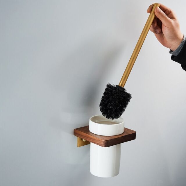 Nes Home Luxury Toilet Brush, Holder & Ceramic Bowl Wooden Walnut & Gold in White - image 1