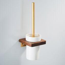 Nes Home Luxury Toilet Brush, Holder & Ceramic Bowl Wooden Walnut & Gold in White - thumbnail 2